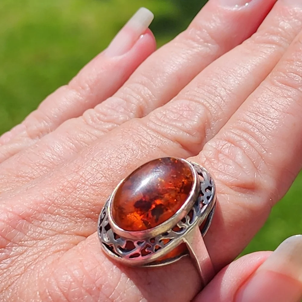 Vintage Baltic Cognac Amber Sterling Silver 925 Filigree Statement Ring Artist